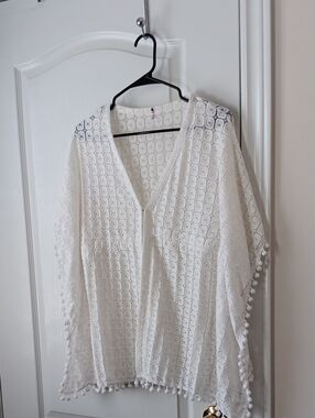 White Crochet Lace Poncho Cover-Up with Pom Trim
